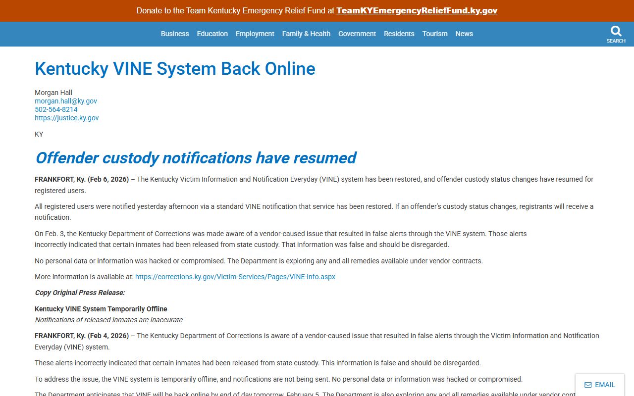 Caldwell County inmate records Kentucky.gov VINE restoration notice